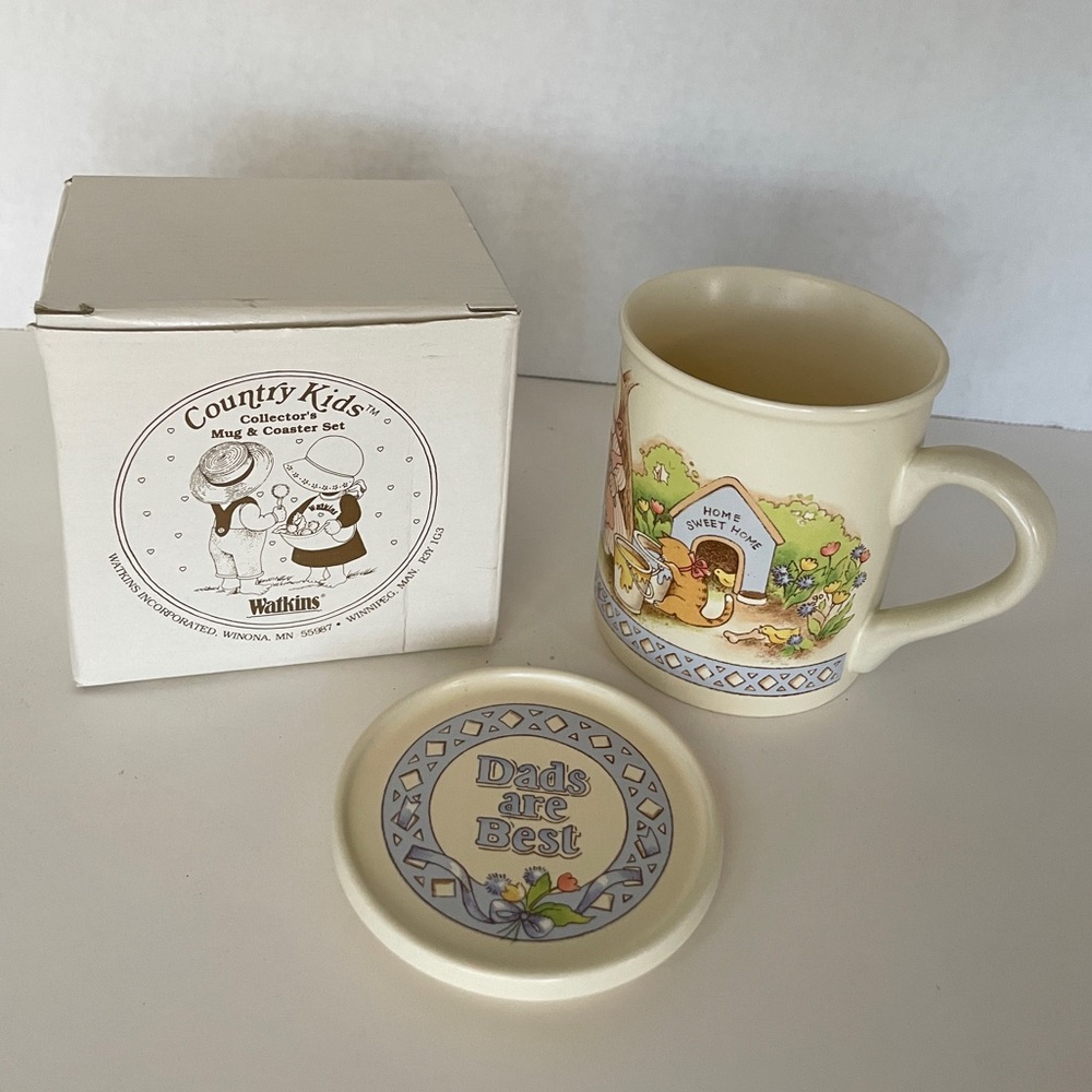 Vintage New Watkins Country Kids “Dad’s Are Best” Collector’s Mug & Coaster Set